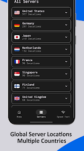 صفحه انتخاب موقعیت‌های جغرافیایی و دانلود VPN قوی برای گوشی شیائومی با پینگ پایین